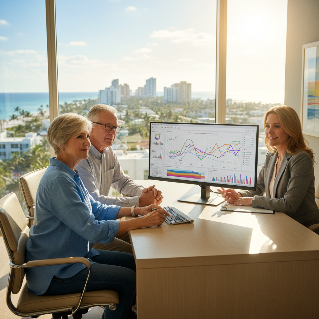 Florida retiree reviewing portfolio restructuring plan with Maria Navas