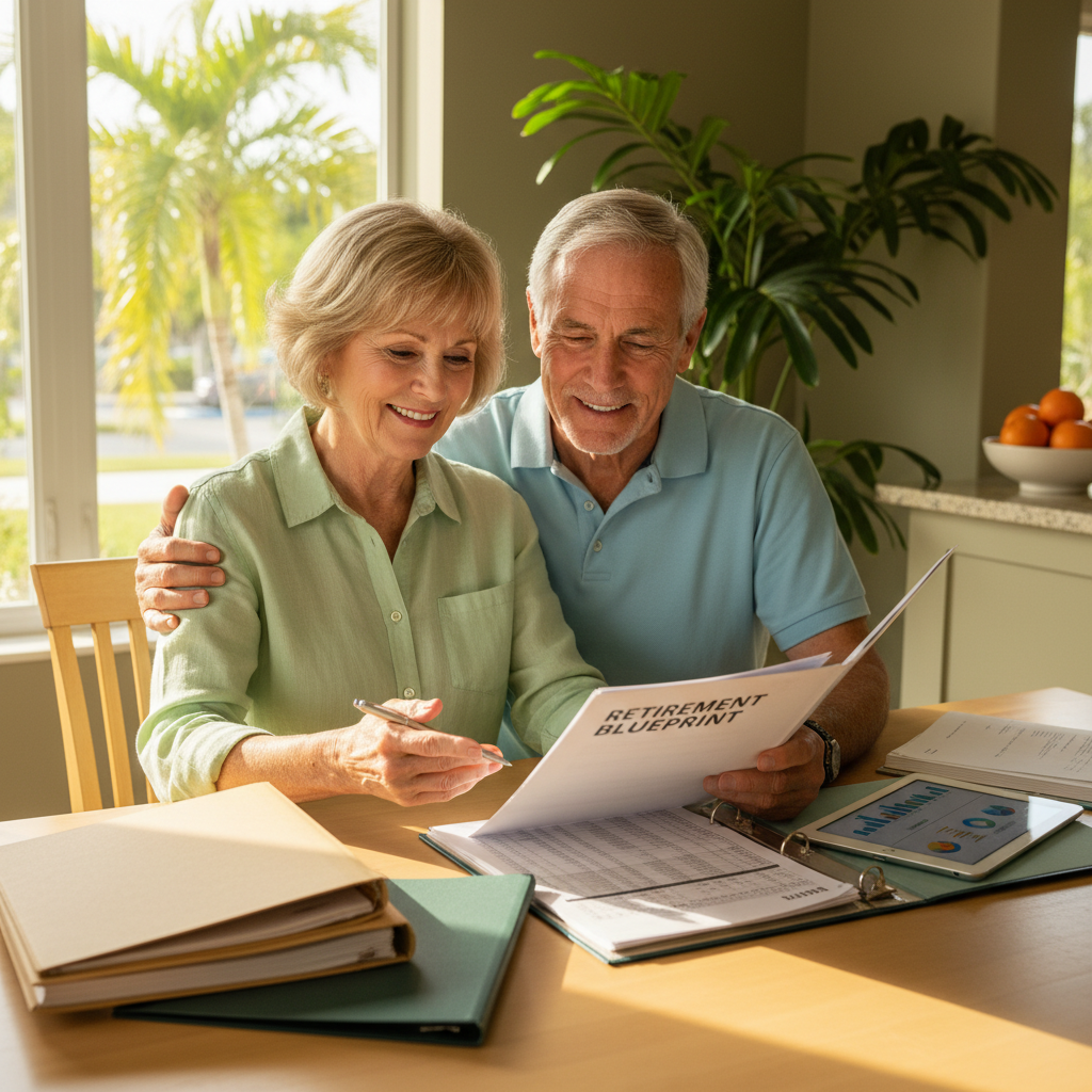 Florida couple reviewing retirement planning documents with advisor Maria Navas
